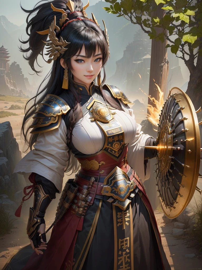 a woman in armor with a helmet with mohawk, inspired by Li Kan, guan yu, inspired by Hu Zaobin, inspired by Huang Shen, inspired by Huang Ding, inspired by Wu Bin, bian lian, inspired by Li Gonglin, chinese three kingdoms, inspired by Li Cheng, genghis khan, inspired by Pu Hua, Highly detailed CG unit 8k wallpaper, masterpiece, High resolution, highest quality, highest quality real texture skin, Super Real, Digital Painting, Best image quality, 最High resolution, 8k, (((Highly detailed eyes and face, Beautiful eyes every detail))), disproportionate breasts, huge breasts, sagging breasts, gigantic breasts, grin, (ガッツポーズをしている, 腕を組んでいる, ), black hair,