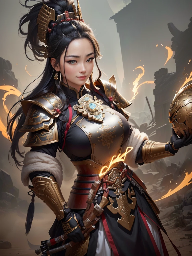 a woman in armor with a helmet with mohawk, inspired by Li Kan, guan yu, inspired by Hu Zaobin, inspired by Huang Shen, inspired by Huang Ding, inspired by Wu Bin, bian lian, inspired by Li Gonglin, chinese three kingdoms, inspired by Li Cheng, genghis khan, inspired by Pu Hua, Highly detailed CG unit 8k wallpaper, masterpiece, High resolution, highest quality, highest quality real texture skin, Super Real, Digital Painting, Best image quality, 最High resolution, 8k, (((Highly detailed eyes and face, Beautiful eyes every detail))), disproportionate breasts, huge breasts, sagging breasts, gigantic breasts, grin, (ガッツポーズをしている, 腕を組んでいる, ), black hair,