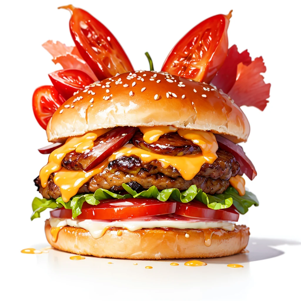 ((masterpiece)), ((Highest quality)), A decadent gourmet burger with perfectly melted cheese and fresh vegetables,Cute hamburger,Fantasy Creation,Dressed up hamburger,Can be served.