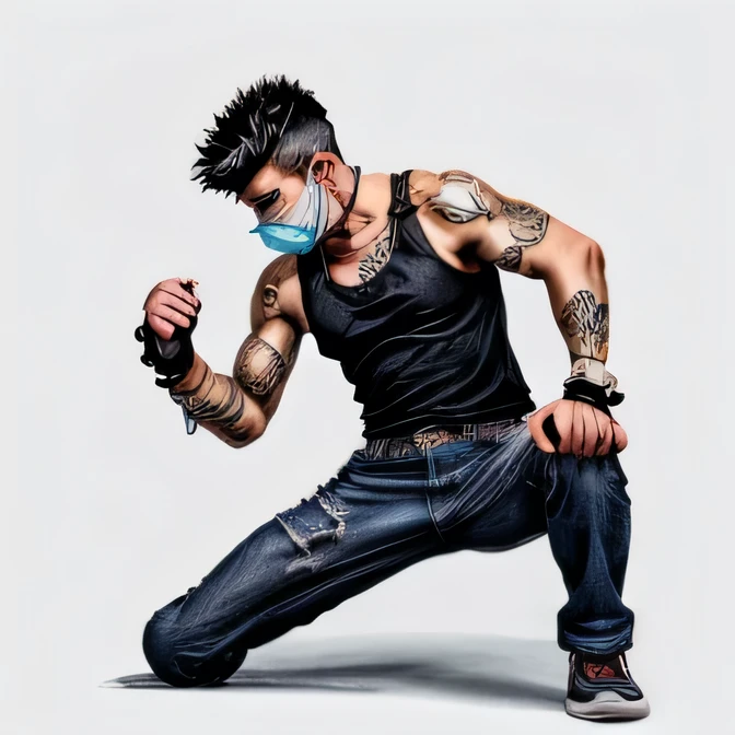 (((simple Black tank top)))、((Cover your nose and neck with a paisley pattern cloth))、Denim pants、sneakers、Tattoo、Muscular、necklace、(Glowering look、furious)、Alley、undercut hair、Spiky hair、(fighting stance)、、((full body))