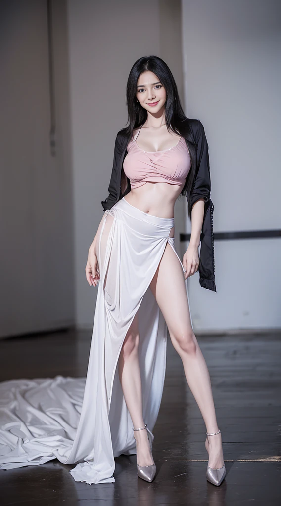 1 beautiful girl, (Lace cloth wrapped around the chest, Beautiful big , another) Short skirt :1.2, length, Thin legs, Flat abdomen, slim, (((Enlarge your breasts :1.3))), ((Black Hair, length-haired, very length hair)), ((Thin coat, length)), ((House Background, cloudy)),((high resolution)),((Full body,dance)),((Cute Smile:1.3)),((model)).Very large breasts,