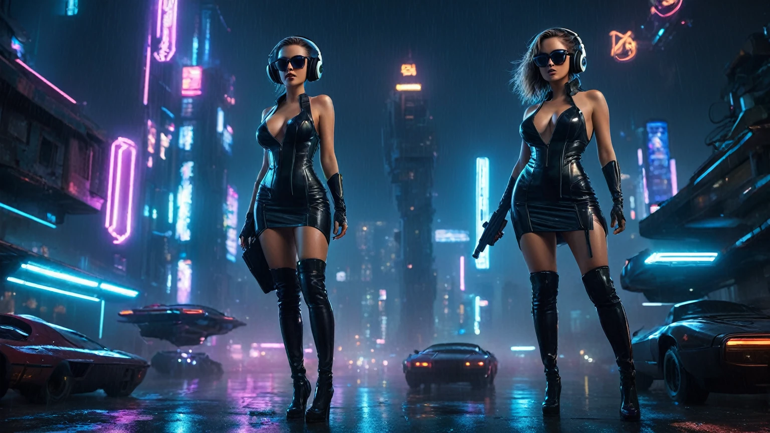 (aerial view, a flying cars docking platform, a very dark abandoned futuristic city, neon lights), rainy night. (((1girl, solo, alone))), large-breast:1.2 slim body, cleavage:1.1, sexy wind blowing wet dress:1.4, (((headphone, black sunglasses, standing and holding pistol:1.8, dynamic rushing pose))), (((((half-body thigh level medium shot))))), cinematic lighting, lens flare, ray tracing.