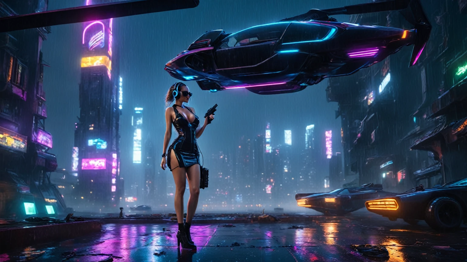 (aerial view, a flying cars docking platform, a very dark abandoned futuristic city, neon lights), rainy night. (((1girl, solo, alone))), large-breast:1.2 slim body, cleavage:1.1, sexy wind blowing wet dress:1.4, (((headphone, black sunglasses, standing and holding pistol:1.8, dynamic rushing pose))), (((((half-body thigh level medium shot))))), cinematic lighting, lens flare, ray tracing.