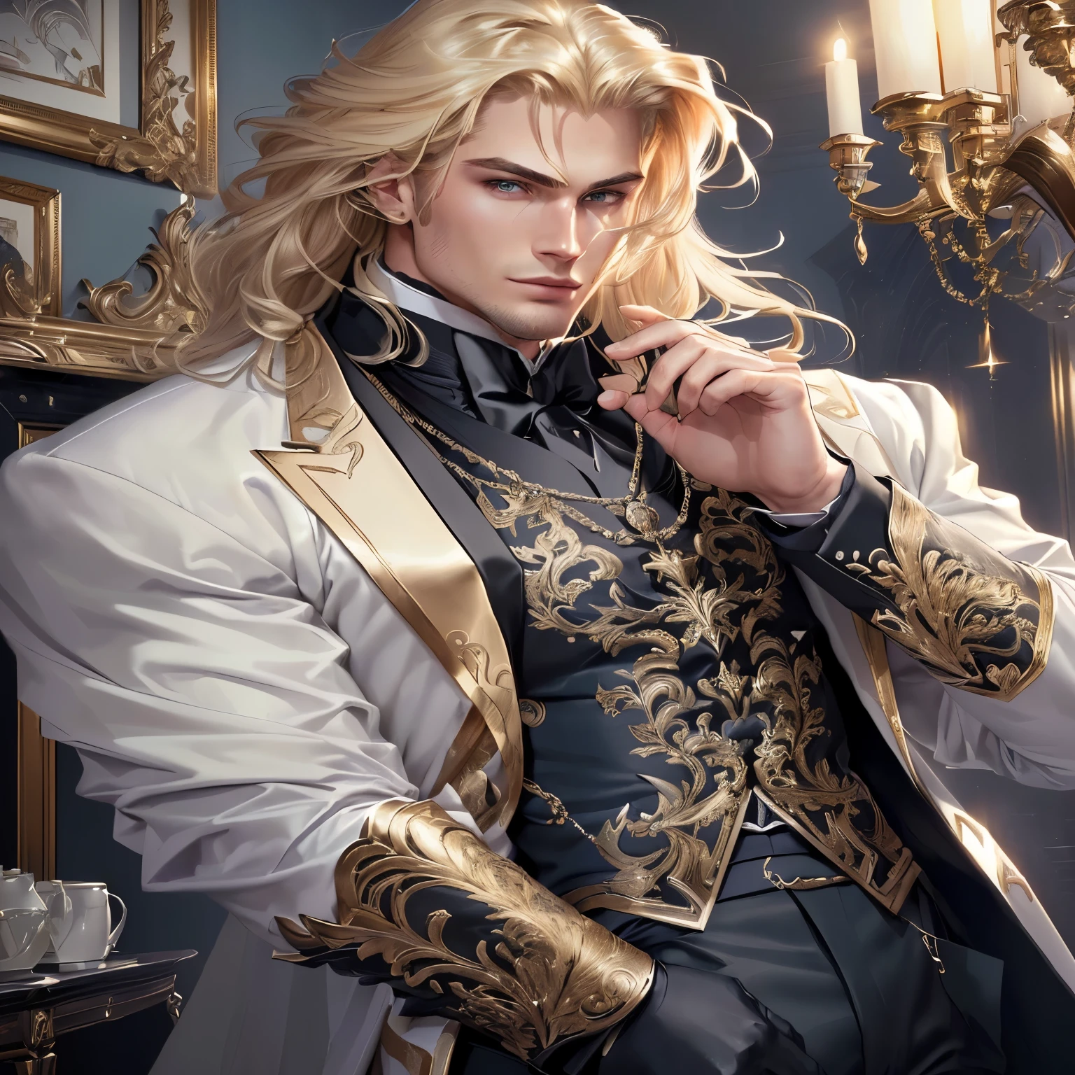 there is a man in a black suit and tie standing in a room, Handsome guy, portrait of magical blond prince, highly detailed exquisite fanart, handsome androgynous prince, detailed digital animated art, artgerme. high details