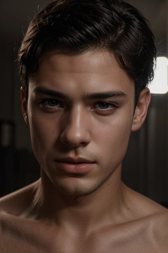 a 18 year old handsome french boy , black hair, taper haircut , beautiful eyes, full lips, 1boy, cinematic lighting, photorealistic, highly detailed, 8k, (best quality:1.2), (realistic:1.37), sexy, video look like snap
