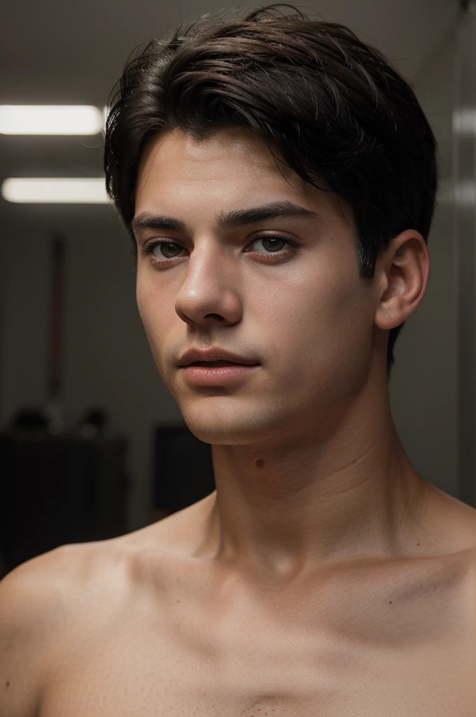 a 18 year old handsome french boy , black hair, taper haircut , beautiful eyes, full lips, 1boy, cinematic lighting, photorealistic, highly detailed, 8k, (best quality:1.2), (realistic:1.37), sexy, video look like snap