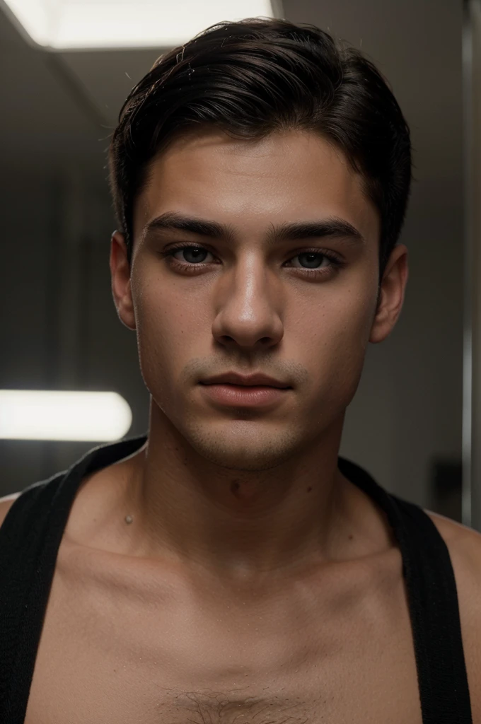 a 18 year old handsome french boy , black hair, taper haircut , beautiful eyes, full lips, 1boy, cinematic lighting, photorealistic, highly detailed, 8k, (best quality:1.2), (realistic:1.37), sexy, video look like snap