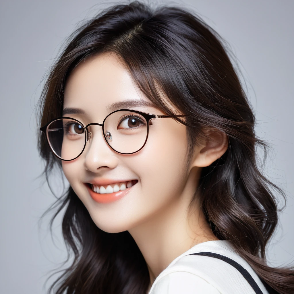 a girl,head portrair,45-degree angle profile,smile,Slender nose,slight curly and just reaching her shoulders,brown black hair,big eyes with glasses,sweet smile,real person,photography,Ultra details,detailed face,perfect face,fashion model face,Asian beatuiful girl,real human face--v5