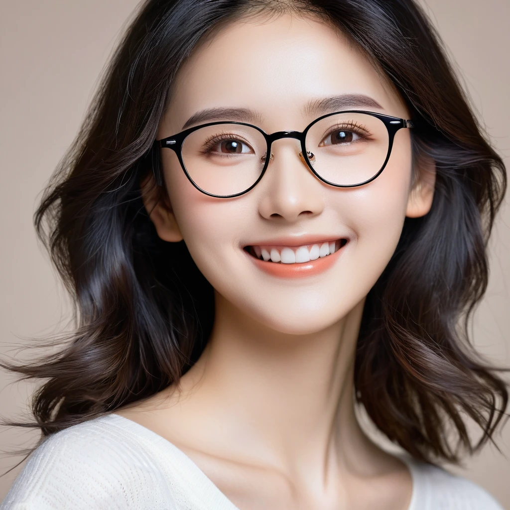 a girl,head portrair,45-degree angle profile,smile,Slender nose,slight curly and just reaching her shoulders,brown black hair,big eyes with glasses,sweet smile,real person,photography,Ultra details,detailed face,perfect face,fashion model face,Asian beatuiful girl,real human face--v5