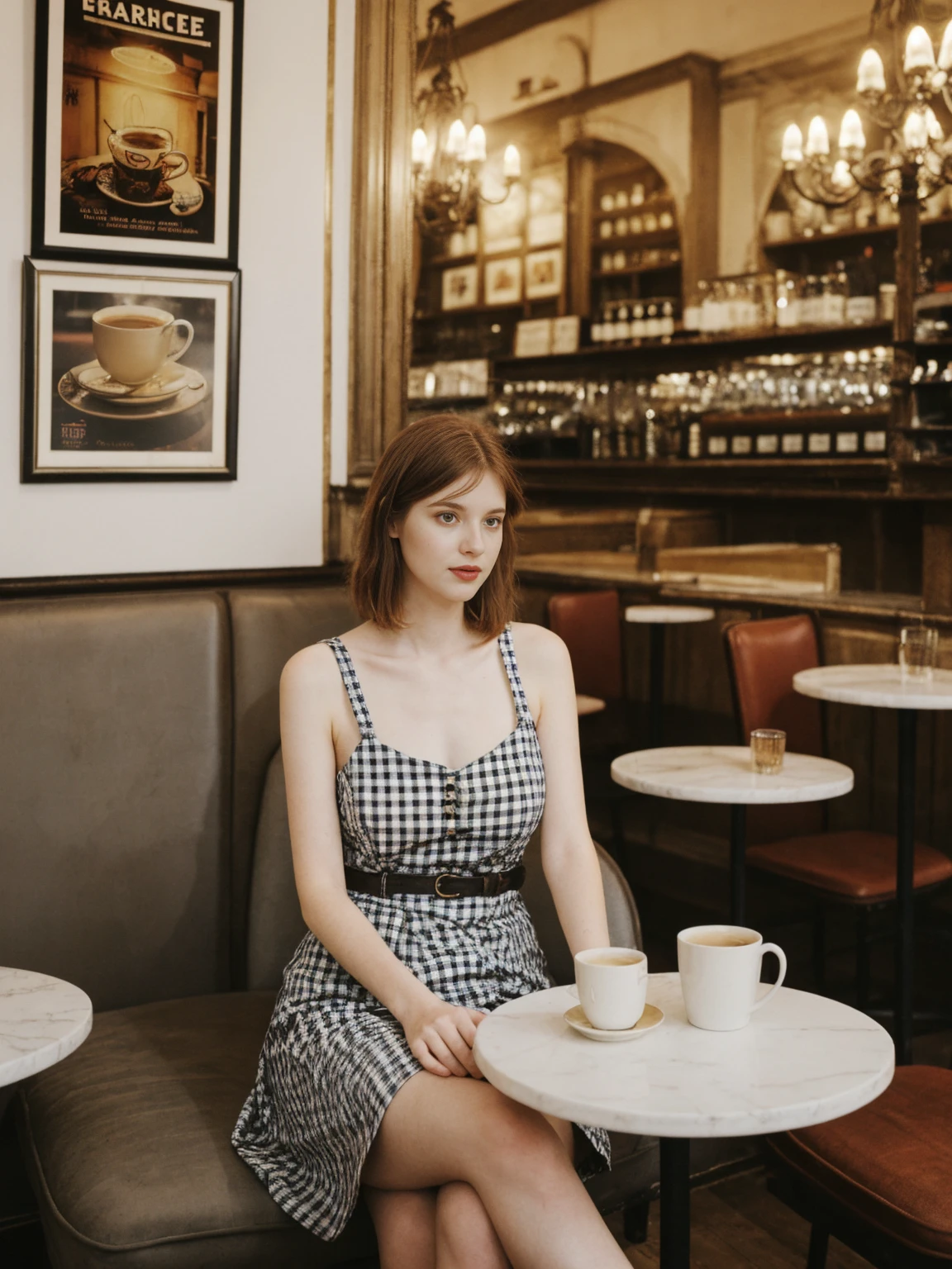 her name is Elle, high quality, 1girl, ((20-year-old fit Caucasian woman)), ((20 years old)), ((large_uplift_breasts)), ((thin belly,fit)), ((pale skin)), short length straight auburn hair , wearingRuched Front Satin Blouse + High-Waisted Asymmetrical Skirt, pose: sitting on a chair, background: Describe the cozy interior of a Parisian café, with its small round tables topped with checkered tablecloths, wrought iron chairs, vintage posters adorning the walls, and the aroma of freshly brewed coffee mingling with the scent of freshly baked croissants.