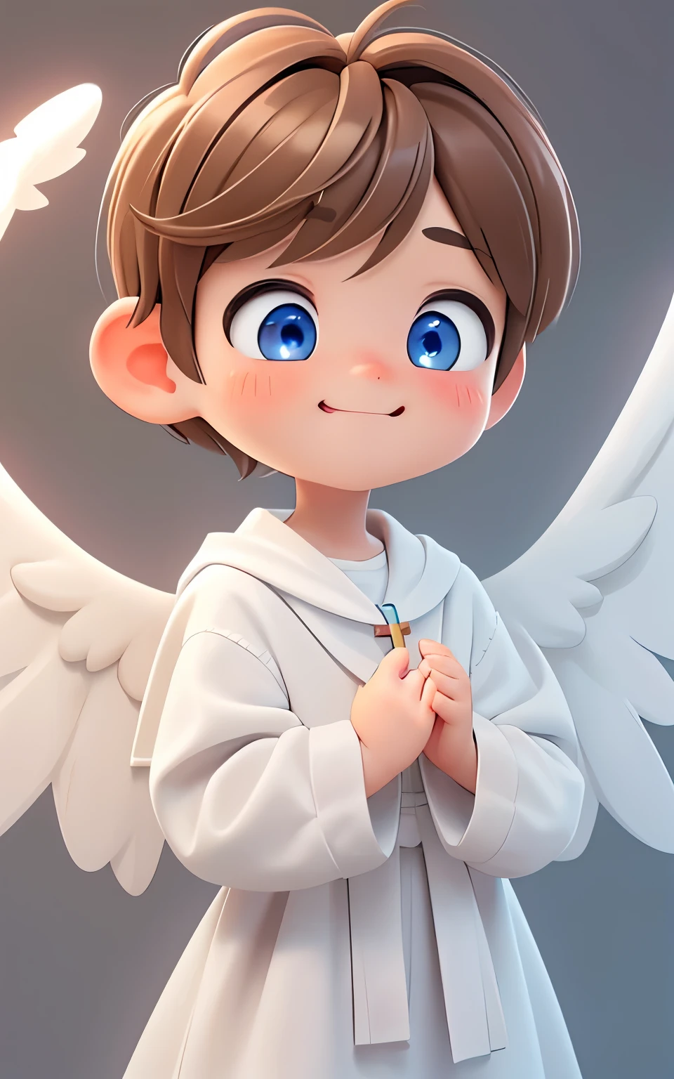 pixar, 1 boy, Angelic appearance, (short brown hair:1.5), Eyes are blue, (With keen eyes:1.5), (happy eyes:1.5), angelic character, (Little white angel wings:1.3), Wearing a cross necklace, Angelic white robes, solo, bangs, male people, all body