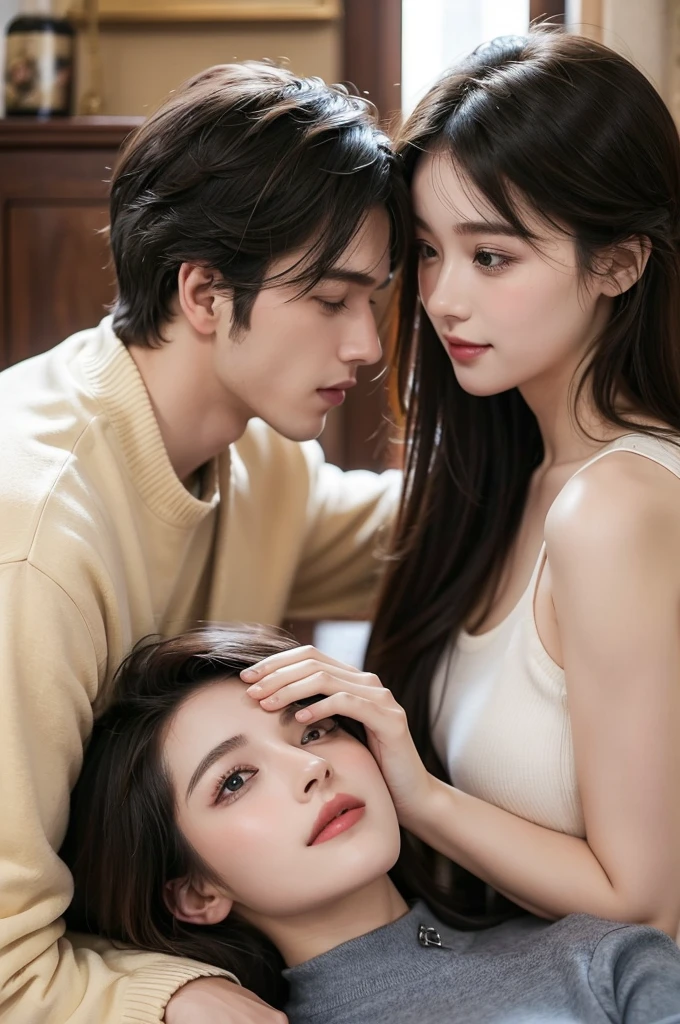 Beautiful and gentle ladies and handsome and cool men,Sweet atmosphere,Perfect face,bust,Look at each other affectionately