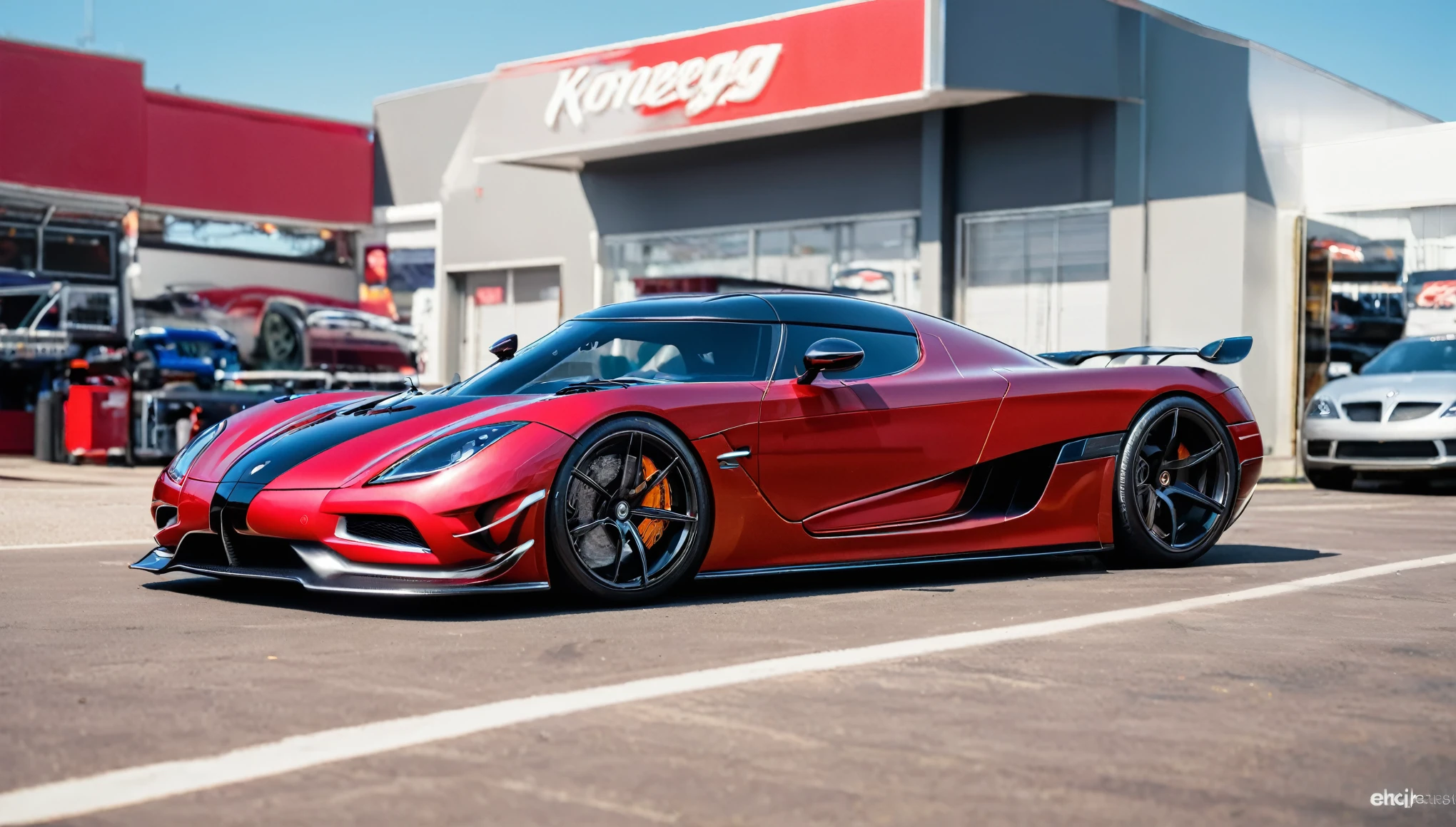 ((A realistic photo of a koenigsegg hyper Car)),cherry red color with chrome mag wheels, parked at a race trac on a summers day, best quality, very hi definition, 8k, bikini Girls standing next to the car, (fine detail,)