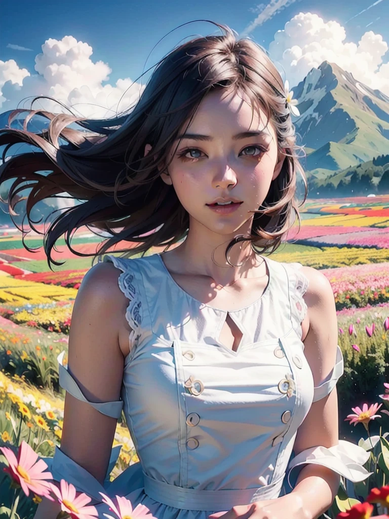 1girl, dynamic angle, cloud and mountain, (flower field:1.4) in the foreground, white dress, light tracing, (floating colorful wind:1)
(photorealistic:1.4), official art, unity 8k wallpaper, ultra detailed, beautiful and aesthetic, masterpiece,best quality, glowing skin, cinematic lighting, light smile