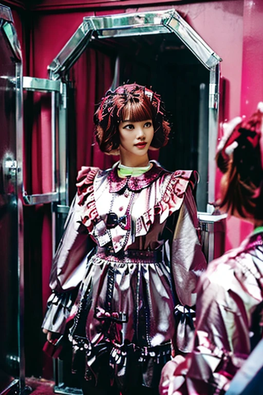 live-action Inside the mirror house maze Japanese girl kindergartener Rubber Suit Pink Enamel rain gear I was able to swap reality with the person I see in the mirror. devil Hair color metallic silver Bobcut Multiple people