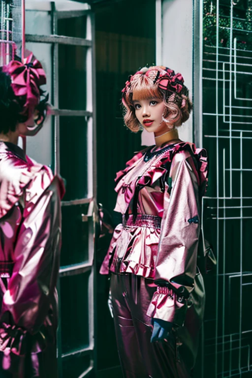 live-action Inside the mirror house maze Japanese girl kindergartener Rubber Suit Pink Enamel rain gear I was able to swap reality with the person I see in the mirror. devil Hair color metallic silver Bobcut Multiple people