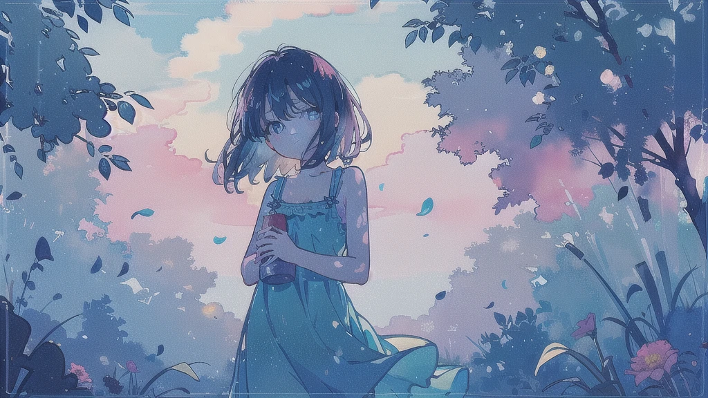(watercolor), (low contrast), (face, cowboy shot, 1 girl, sundress, look at viewer), (flower garden), nostalgic