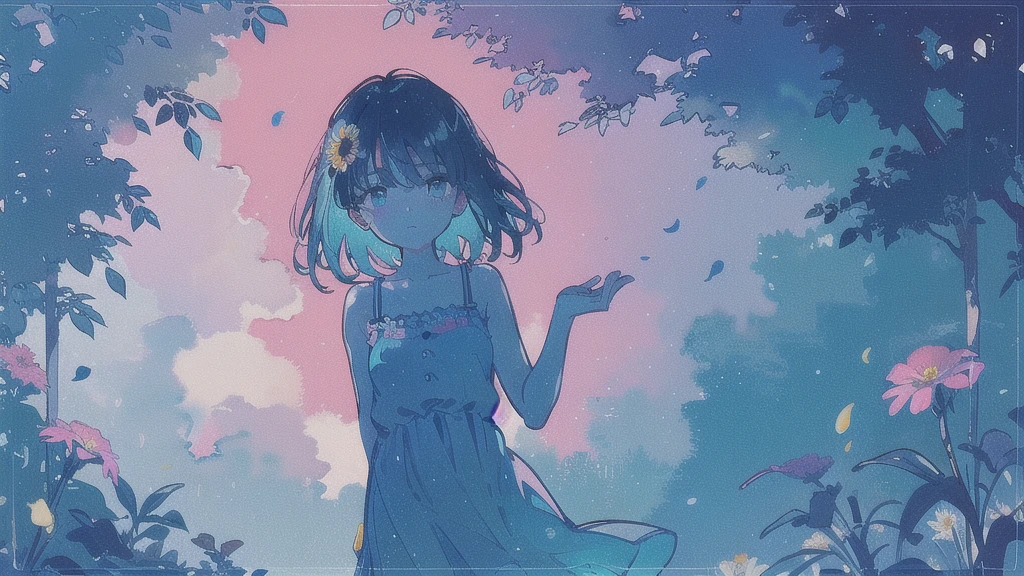 (watercolor), (low contrast), (face, cowboy shot, 1 girl, sundress, look at viewer), (flower garden), nostalgic