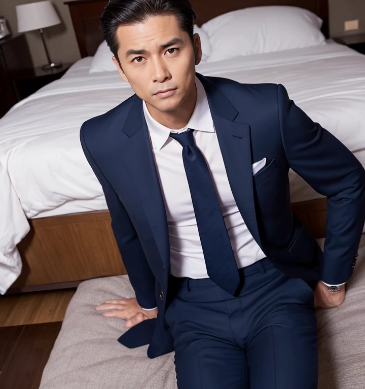 50 years old,One Man,Navy blue suit,mafia、Bedroom,legs wide open,Boss sitting、The crotch area of the pants is bulging,logic,Gay ,Very short slicked back hair,Stubble,Asian Faces,Awkward Dad,chest hair。Scream。