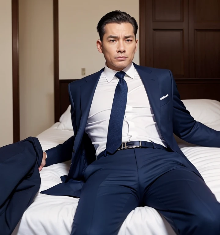 50 years old,One Man,Navy blue suit,mafia、Bedroom,legs wide open,Boss sitting、The crotch area of the pants is bulging,logic,Gay ,Very short slicked back hair,Stubble,Asian Faces,Awkward Dad,chest hair。Scream。