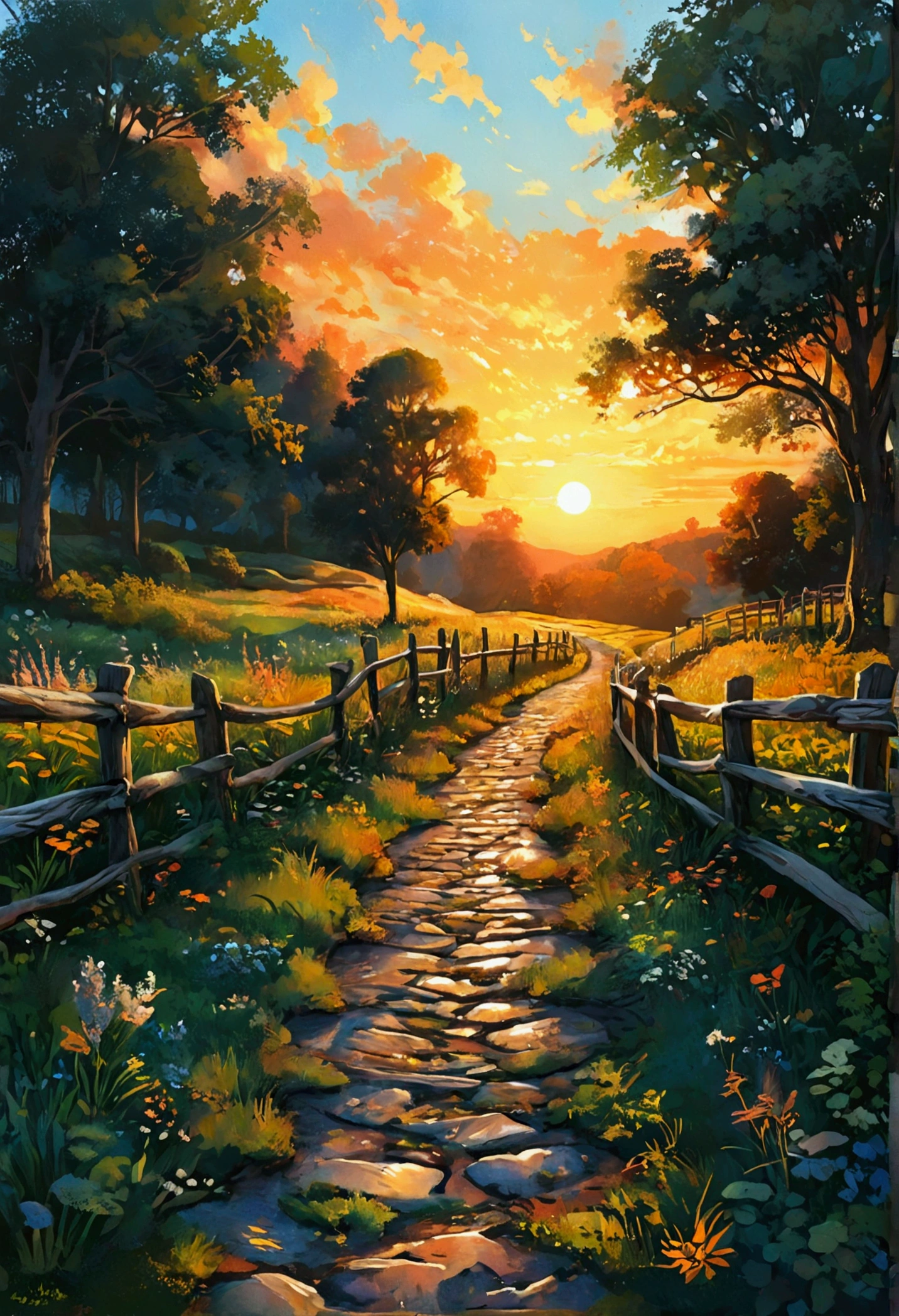 Please draw a landscape of pastureland. The meadow is lined with detailed wooden fences and the road is a textured stone path. Dappled light falls through the leaves, and the sun shining through the trees creates beautiful patterns on the ground. The sky is tinted with brilliant sunset hues, spreading warm sunset colors.
Gentle waves lapping at the shore and misty morning fog drifts in the air. glossy ceramic cups are placed on wooden tables, the tables are solid wood with a visible grain of detail. The table is decorated with polished wooden tables with a solid wood grain.
The style is 50% anime style, 70% realistic details, and the overall color palette is warm palette with vivid colors. In addition, add empasize intricate textures, highlight facial features, and enhance background details.