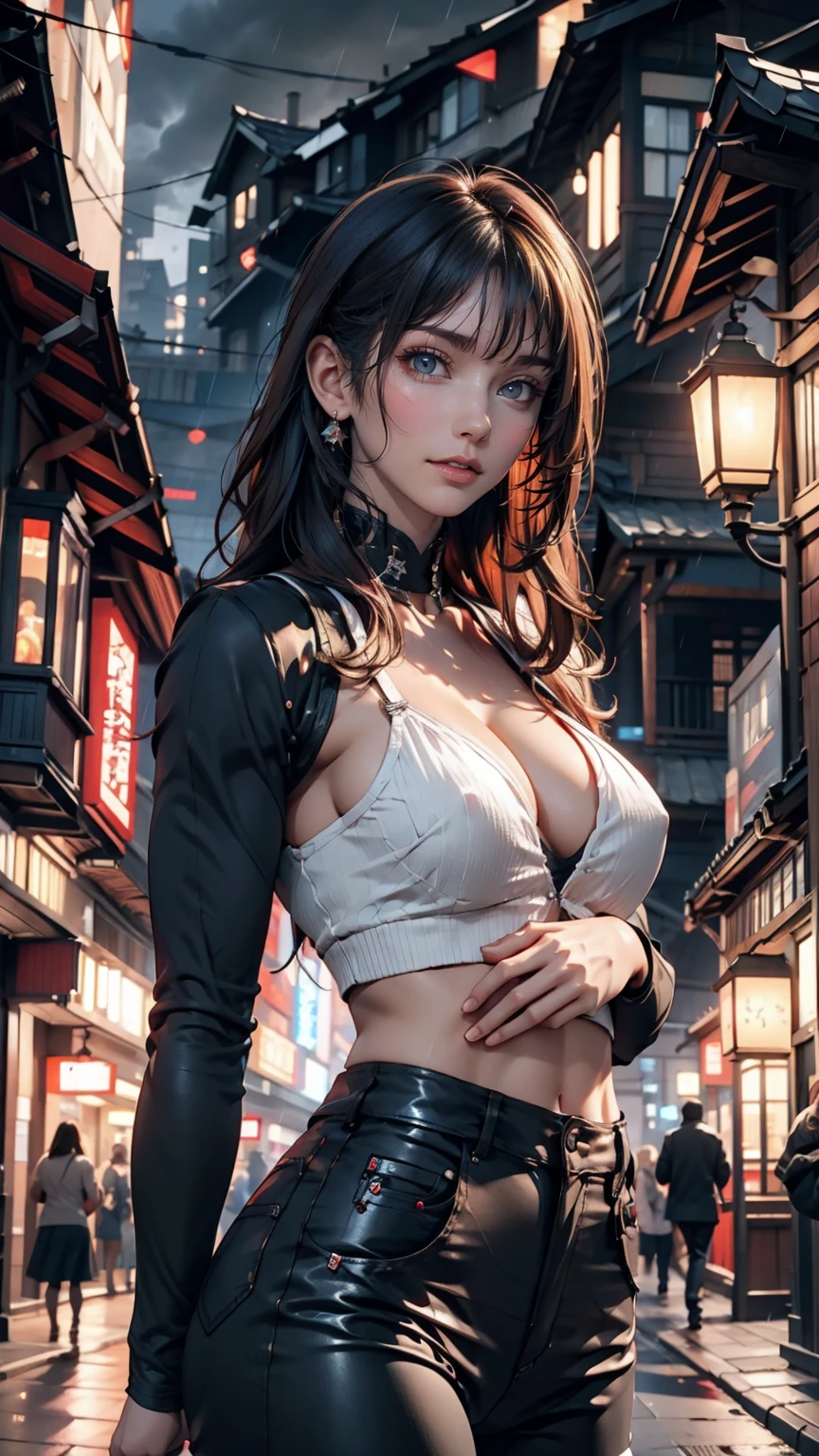 1 Japanese girl, Warframe, Complex Pattern, Heavy Metal, Energy Line, Glowing Eyes, elegant, intense, Blood red and black uniform, alone, Modern, city, street, Dark Clouds, thunderstorm, heavy rain,, Dramatic lighting,, (masterpiece:1.2), Highest quality, High resolution, Beautiful details, Very detailed, Perfect lighting,Sexy proportions、erotic、bottomless、topless、Oblique Neck((oblique neck))、Bleaches((breeches)),