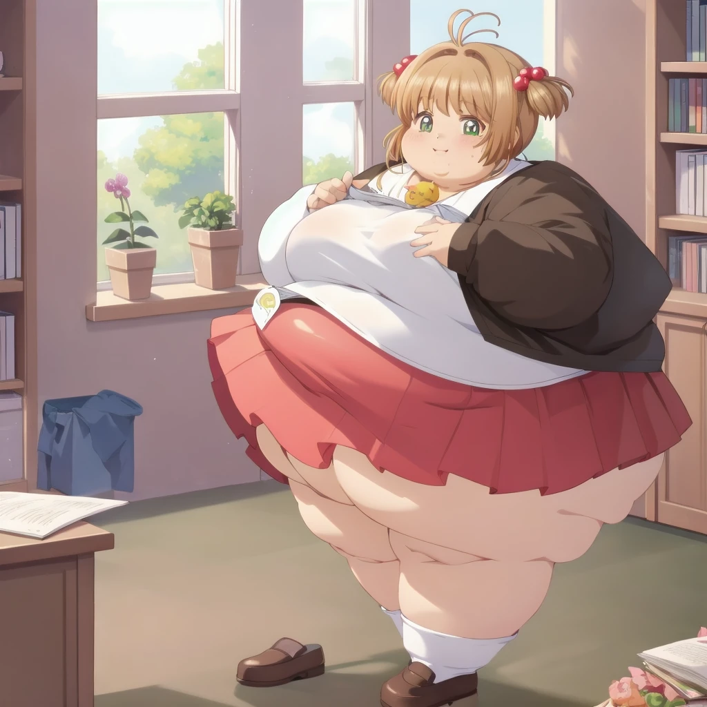 masterpiece, best quality,  1girl, solo, kinomoto sakura, pleated skirt, shirt, indoors, library, tomoeda elementary , two side up, smile, shy, standing, smile, blush, solo, 1girl, SSBBW sakura kinomoto, big cheeks, ssbbw, severely obese, 600lbs obese female, no pupils, ultra detailed, masterpiece, best quality, aesthetic, detailed, Fluffy and Fat Face, Big Butt, Big Cheeks, Obese Body, Sexy, Obese Girl, Happy, Cute Expression, Very Hot, bbwchan, nsfw art, manhwa, oppai proportions, she has a jiggly fat round belly, body swelling about to explode, thicc, with a large breasts, doujin, very thick thighs, obese arms, obese belly, big cheeks, Slob body