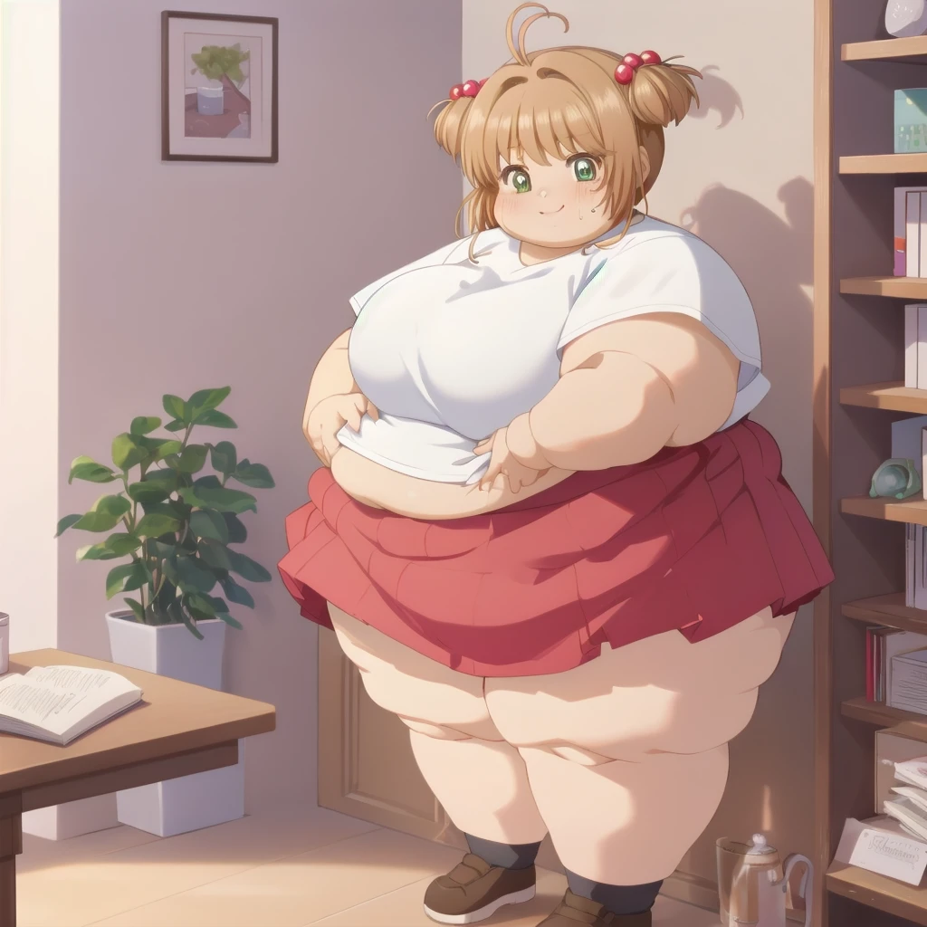 masterpiece, best quality,  1girl, solo, kinomoto sakura, pleated skirt, shirt, indoors, library, tomoeda elementary , two side up, smile, shy, standing, smile, blush, solo, 1girl, SSBBW sakura kinomoto, big cheeks, ssbbw, severely obese, 600lbs obese female, no pupils, ultra detailed, masterpiece, best quality, aesthetic, detailed, Fluffy and Fat Face, Big Butt, Big Cheeks, Obese Body, Sexy, Obese Girl, Happy, Cute Expression, Very Hot, bbwchan, nsfw art, manhwa, oppai proportions, she has a jiggly fat round belly, body swelling about to explode, thicc, with a large breasts, doujin, very thick thighs, obese arms, obese belly, big cheeks, Slob body