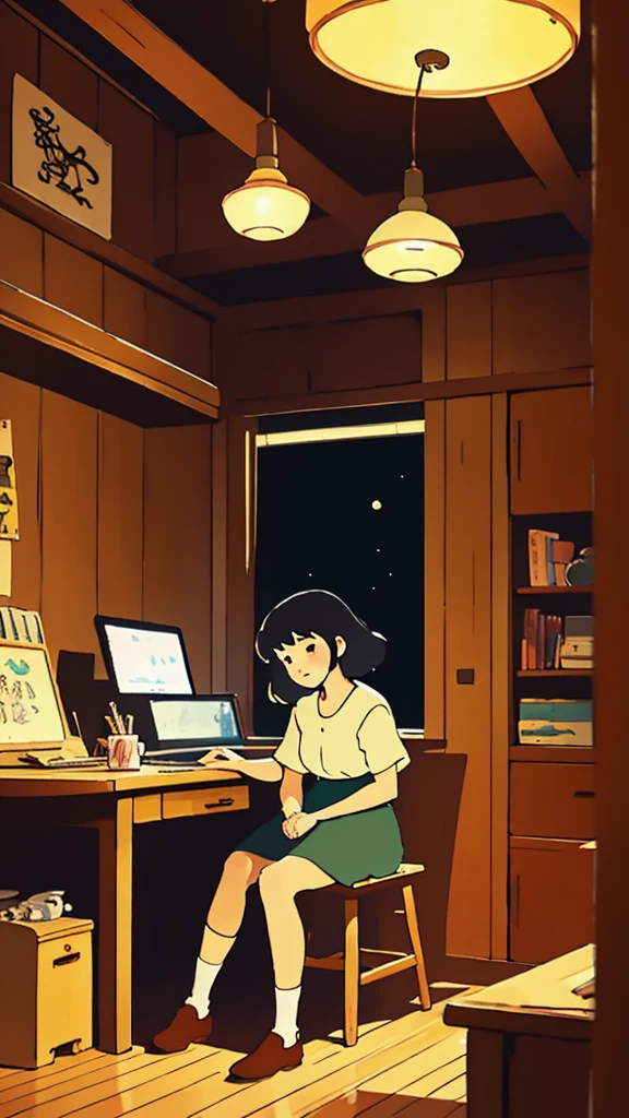 「Lofi Girl」in Studio Ghibli style、Please draw it in a night setting.。Lofi Girl sits at a wooden desk、I'm reading a book by the window while listening to music with headphones on.。she、Simple dresses and sweaters、They are wearing comfortable, casual clothing reminiscent of Ghibli characters.。Outside the window、The night view is expanding。