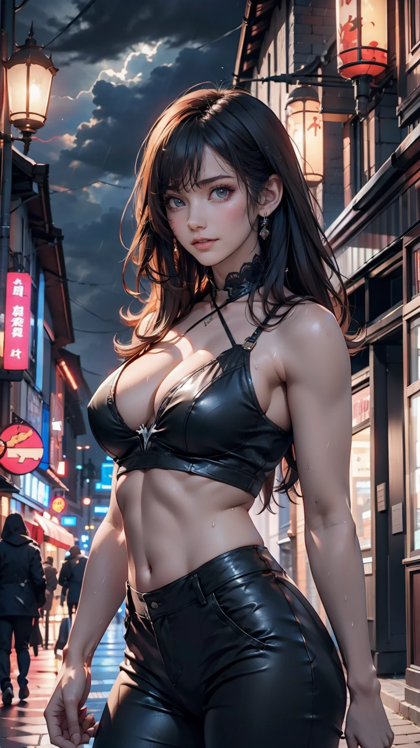 1 Japanese girl, Warframe, Complex Pattern, Heavy Metal, Energy Line, Glowing Eyes, elegant, intense, Blood red and black uniform, alone, Modern, city, street, Dark Clouds, thunderstorm, heavy rain,, Dramatic lighting,, (masterpiece:1.2), Highest quality, High resolution,   Beautiful details, Very detailed, Perfect lighting,Sexy proportions、erotic、bottomless、topless、Oblique Neck((oblique neck))、Bleaches((breeches))