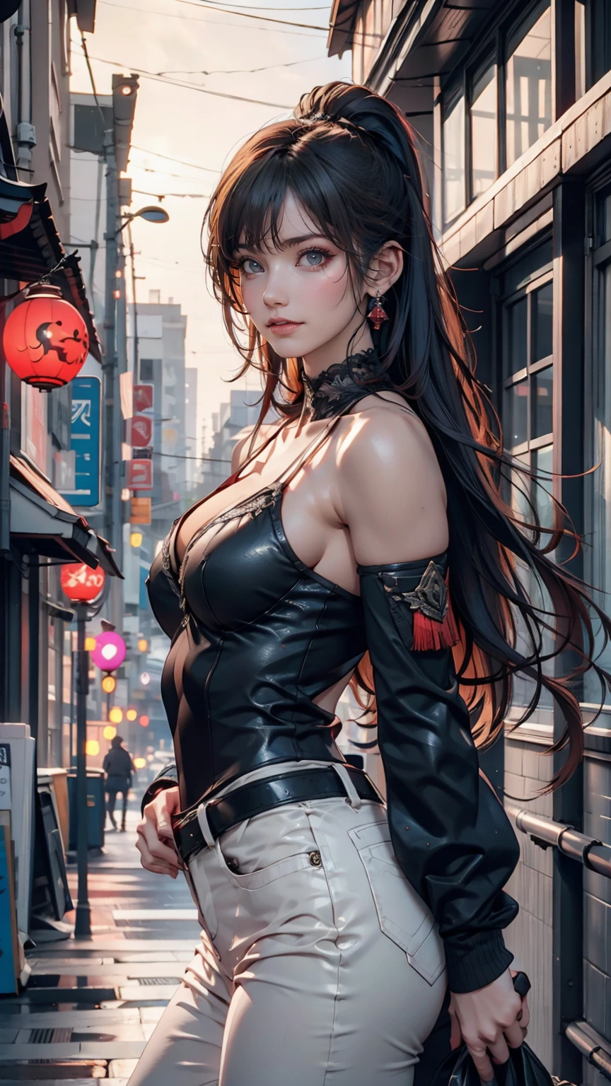 1 Japanese girl, Warframe, Complex Pattern, Heavy Metal, Energy Line, Glowing Eyes, elegant, intense, Blood red and black uniform, alone, Modern, city, street, Dark Clouds, thunderstorm, heavy rain,, Dramatic lighting,, (masterpiece:1.2), Highest quality, High resolution, Beautiful details, Very detailed, Perfect lighting,Sexy proportions、erotic、bottomless、topless、Oblique Neck((oblique neck))、Bleaches((breeches))