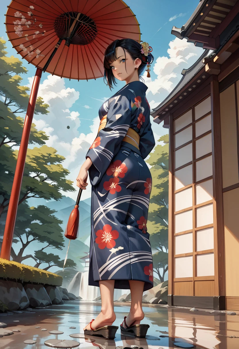 High Resolution, High Quality, High Detail, HD, Anime Style, (One japanese woman:1.5), (Adult japanese women:1.5), (slender body:1.3), Black Hair, Black eye, Very short hair, Asymmetrical Bangs, Wearing a floral pattern japanese yukata, (The hem of the yukata is slightly above the ankle:1.3), Holding a Japanese umbrella, wearing red japanese sandals, Backshot, Look back at the camera, Hydrangea below half of the foreground, Sky after rain, Puddle on the ground