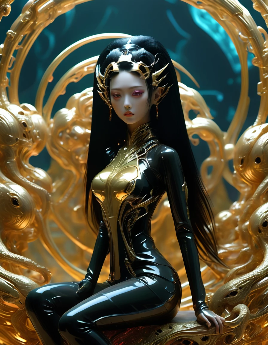 Naked lady , A fashion runway for alien technology , Exquisite face，vogue photography , Inspired by cyberpunk。(Best quality,4K,8k,A high resolution,Masterpiece:1.2), (Realistic,Photorealistic,photo-realistic:1.37).Gold inlaid jade style，Shiny，Exquisite，Hell Girl，long black hair , full body portrait ,Riding the Ruby Monster
