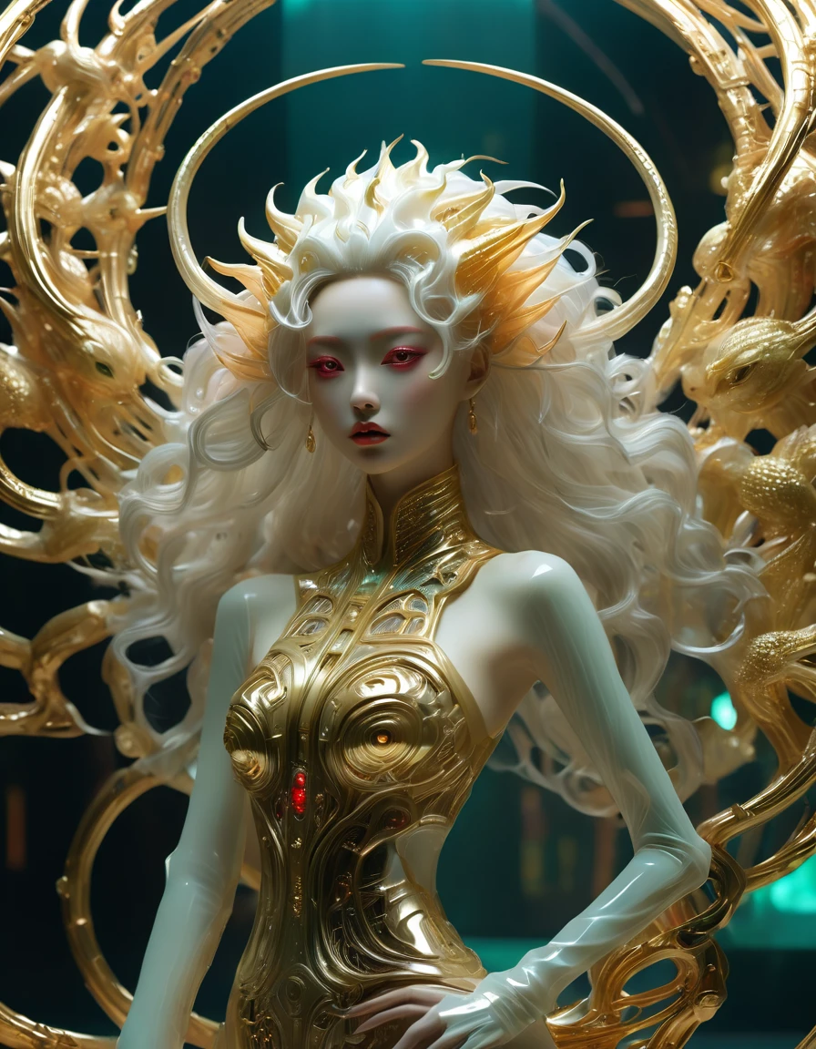 Naked lady , A fashion runway for alien technology , Exquisite face，vogue photography , Inspired by cyberpunk。(Best quality,4K,8k,A high resolution,Masterpiece:1.2), (Realistic,Photorealistic,photo-realistic:1.37).Gold inlaid jade style，Shiny，Exquisite，Hell Girl，long black hair , full body portrait ,Riding the Ruby Monster