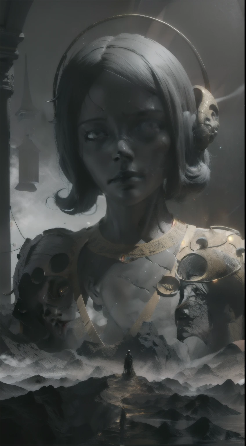 two girls back to back, looking into the distance, black gold, (angry face), devil girl and sheep head girl and devil girl and sheep head girl and devil girl and sheep head girl, horror expression, looking away, intricately carved, matte black, gilding, volumetric shadows, artificial patterns, with a decorative intricate border around, matte black and gold ornament, very highly detailed digital art, a 3D render, 16K,