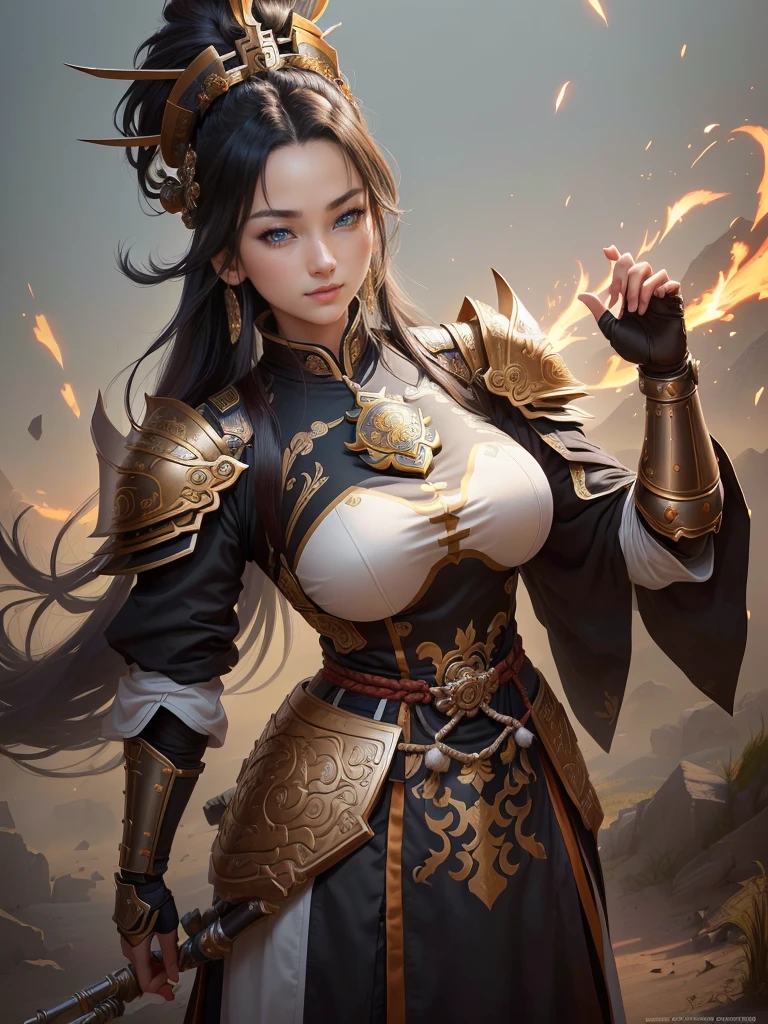 a woman in armor with a helmet with mohawk, inspired by Li Kan, guan yu, inspired by Hu Zaobin, inspired by Huang Shen, inspired by Huang Ding, inspired by Wu Bin, bian lian, inspired by Li Gonglin, chinese three kingdoms, inspired by Li Cheng, genghis khan, inspired by Pu Hua, Highly detailed CG unit 8k wallpaper, masterpiece, High resolution, highest quality, highest quality real texture skin, Super Real, Digital Painting, Best image quality, 最High resolution, 8k, (((Highly detailed eyes and face, Beautiful eyes every detail))), disproportionate breasts, huge breasts, sagging breasts, gigantic breasts, grin, (ガッツポーズをしている, 腕を組んでいる, ), black hair, 