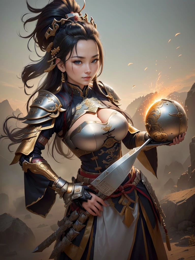 a woman in armor with a helmet with mohawk, inspired by Li Kan, guan yu, inspired by Hu Zaobin, inspired by Huang Shen, inspired by Huang Ding, inspired by Wu Bin, bian lian, inspired by Li Gonglin, chinese three kingdoms, inspired by Li Cheng, genghis khan, inspired by Pu Hua, Highly detailed CG unit 8k wallpaper, masterpiece, High resolution, highest quality, highest quality real texture skin, Super Real, Digital Painting, Best image quality, 最High resolution, 8k, (((Highly detailed eyes and face, Beautiful eyes every detail))), disproportionate breasts, huge breasts, sagging breasts, gigantic breasts, grin, (ガッツポーズをしている, 腕を組んでいる, ), black hair,