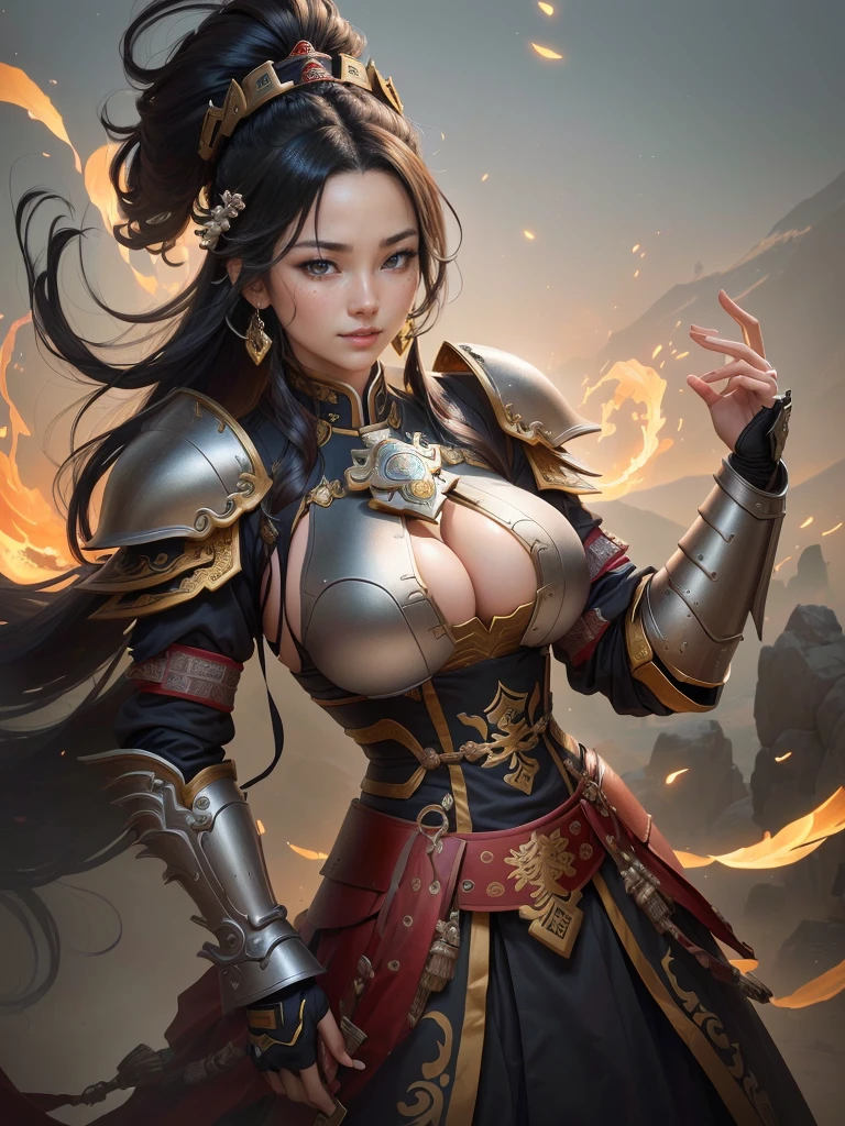a woman in armor with a helmet with mohawk, inspired by Li Kan, guan yu, inspired by Hu Zaobin, inspired by Huang Shen, inspired by Huang Ding, inspired by Wu Bin, bian lian, inspired by Li Gonglin, chinese three kingdoms, inspired by Li Cheng, genghis khan, inspired by Pu Hua, Highly detailed CG unit 8k wallpaper, masterpiece, High resolution, highest quality, highest quality real texture skin, Super Real, Digital Painting, Best image quality, 最High resolution, 8k, (((Highly detailed eyes and face, Beautiful eyes every detail))), disproportionate breasts, huge breasts, sagging breasts, gigantic breasts, grin, (ガッツポーズをしている, 腕を組んでいる, ), black hair,