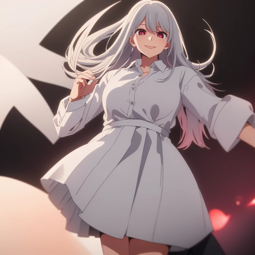 ((masterpiece, best quality)), (1girl), (solo), (female focus), (white hair, long hair), (red eyes), light smile, closed mouth, ((white shirt), (buttoned shirt), ((black skirt), (short skirt)), standing, white background, dynamic angle, 25 year old woman