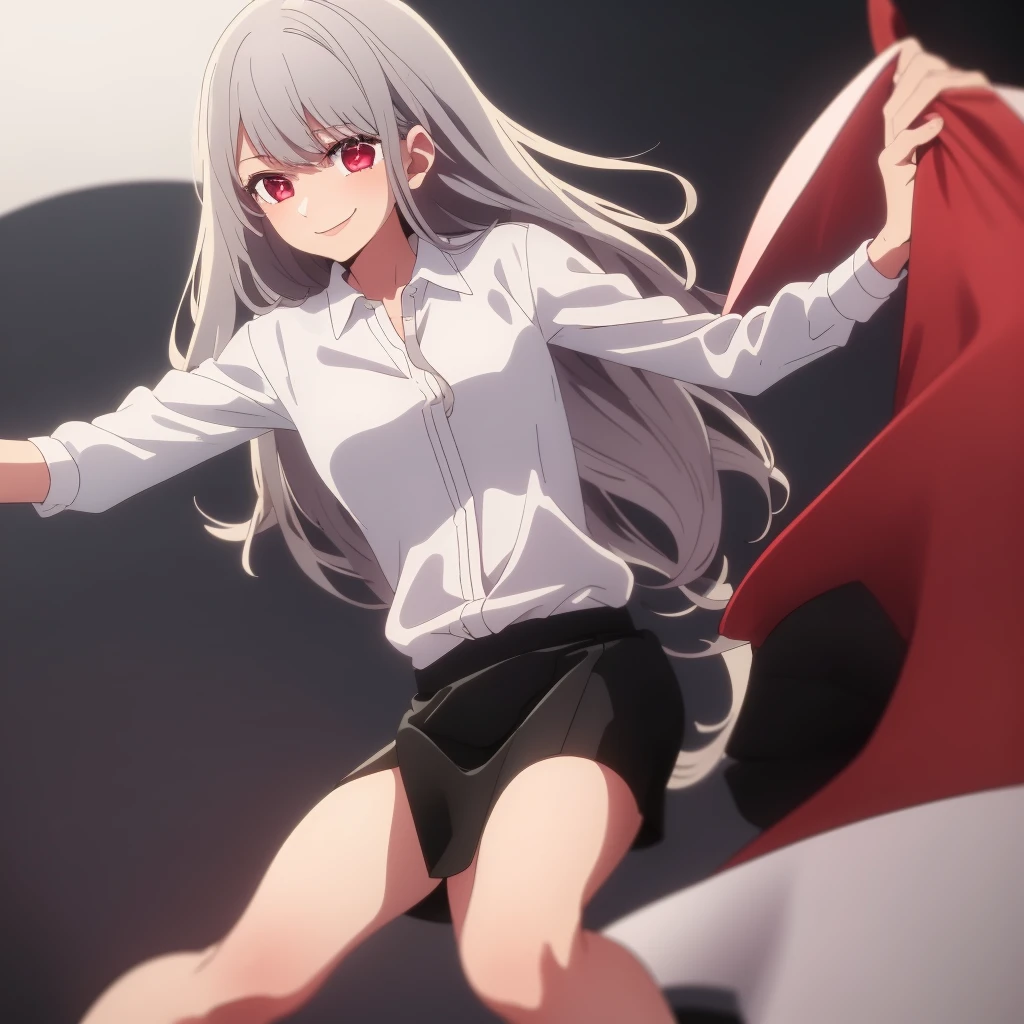 ((masterpiece, best quality)), (1girl), (solo), (female focus), (white hair, long hair), (red eyes), light smile, closed mouth, ((white shirt), (buttoned shirt), ((black skirt), (short skirt)), standing, white background, dynamic angle, 25 year old woman