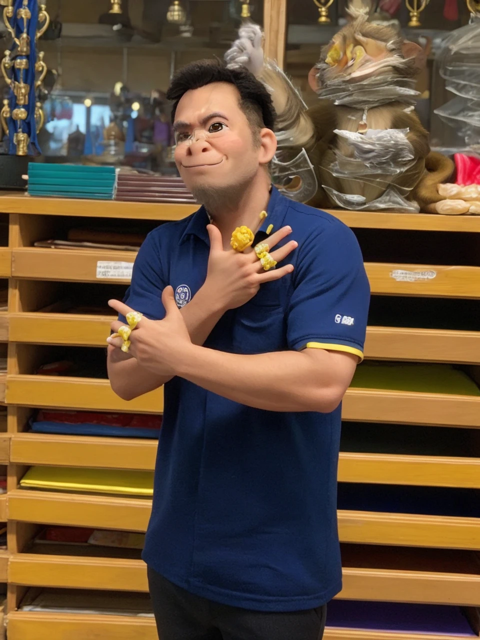 Monkey poses with candy in his fingers