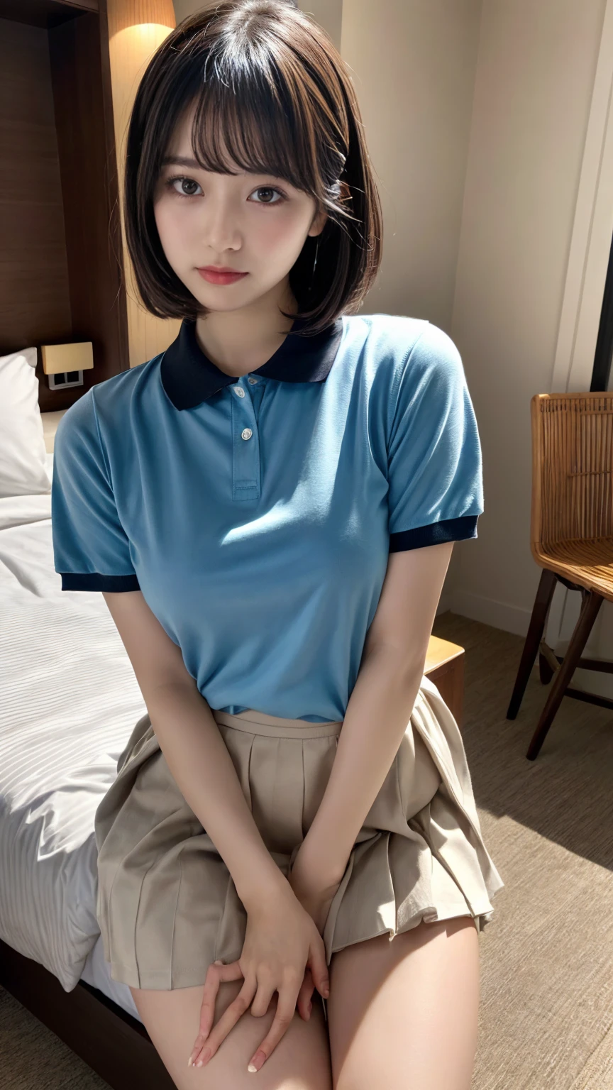masterpiece, best quality, illustration, Super detailed, fine details, High resolution, 8K,wall paper, perfect dynamic composition,(Details High quality, realistic depiction of eyes:1.3), (Polo shirt with collar), pleated skirt, big breasts, short bob hair、black hair color, Big Natural Color Lip, bold sexy pose, (perfect body shape), crying a little、Harajuku style、20 year old girl、cute type、ta、beautiful legs, hotel room, hposing Gravure Idol, Voluptuous thighs