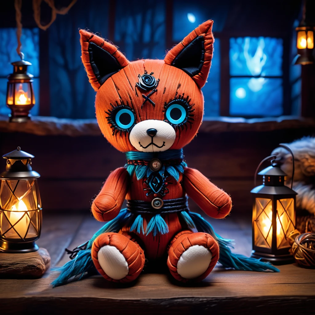 (knitted toy voodoo doll:1.8), (Voodoo Fox in House:1.3), (Clothing: dark fur with glowing blue accents:1.0), (Accessories: enchanted cursed trinkets, glowing ethereal tail, mystical haunted cabin:1.2), (background: eerie cabin with floating, glowing lanterns and creaking floorboards:1.2), best quality, masterpiece, detailed soft oil painting, detailed background, dramatic cinematic lighting, soft edge lighting, professional, dramatic lighting, hard edge lighting, ultra quality, 4k, masterpiece, best quality, 8k, ultra high definition, high resolution, extremely detailed
