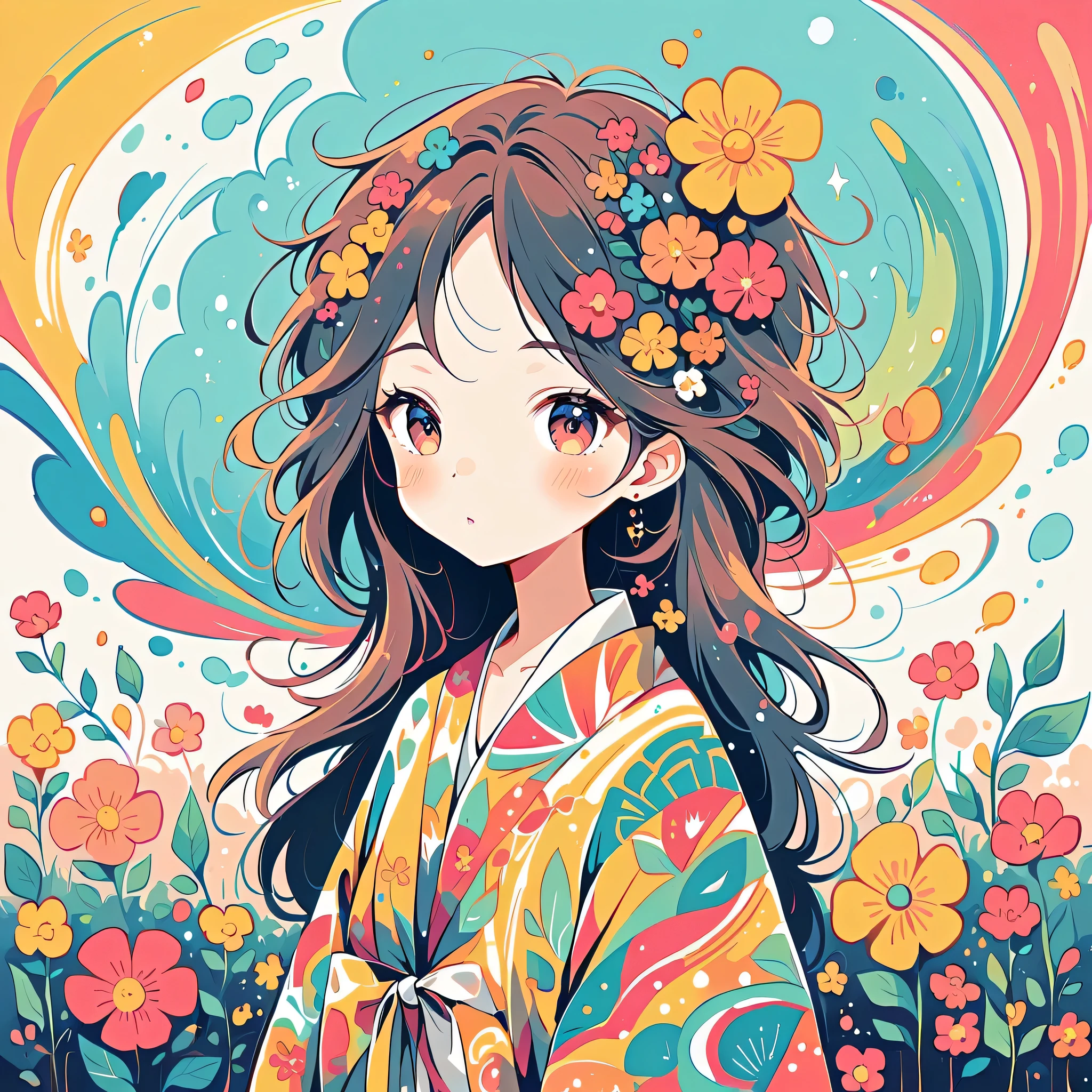 Watase Seizo style, Standing in front of a high wall,Simple Line Initialism,Abstract art,Urban Background, (((The most beautiful girl))), colorful flowers