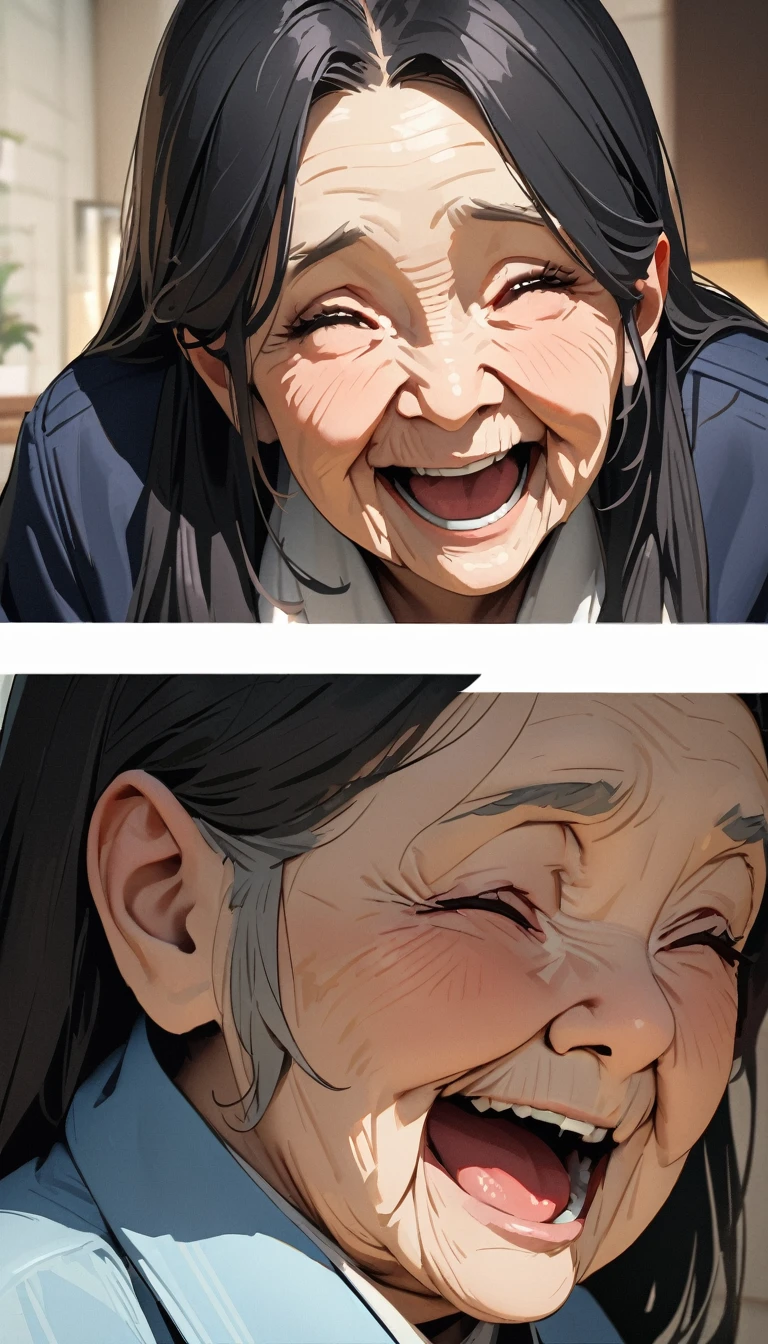 (((old woman))) , (60 years old) ,masterpiece , modern, Verism, masterpiece, super detail, best quality, 4K , A beautiful woman, black hair, long hair,  She has his mouth wide open, showing a very surprised expression.
