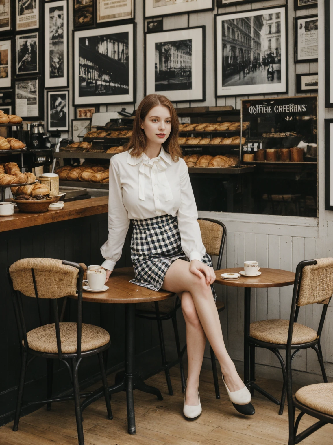 her name is Elle, high quality, 1girl, ((20-year-old fit Caucasian woman)), ((20 years old)), ((large_uplift_breasts)), ((thin belly,fit)), ((pale skin)), medium length straight auburn hair , wearingRuched Front Satin Blouse + High-Waisted Asymmetrical Skirt, pose: sitting on a chair, background: Describe the cozy interior of a Parisian café, with its small round tables topped with checkered tablecloths, wrought iron chairs, vintage posters adorning the walls, and the aroma of freshly brewed coffee mingling with the scent of freshly baked croissants.
