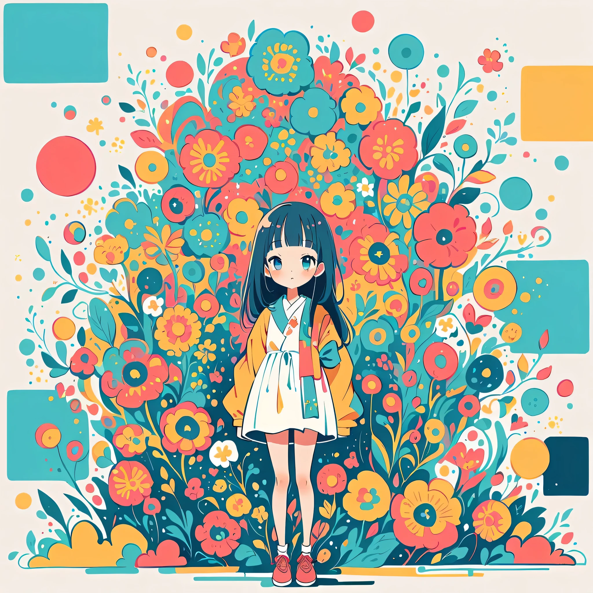 Watase Seizo style, Standing in front of a high wall,Simple Line Initialism,Abstract art,Urban Background, (((The most beautiful girl))), colorful flowers