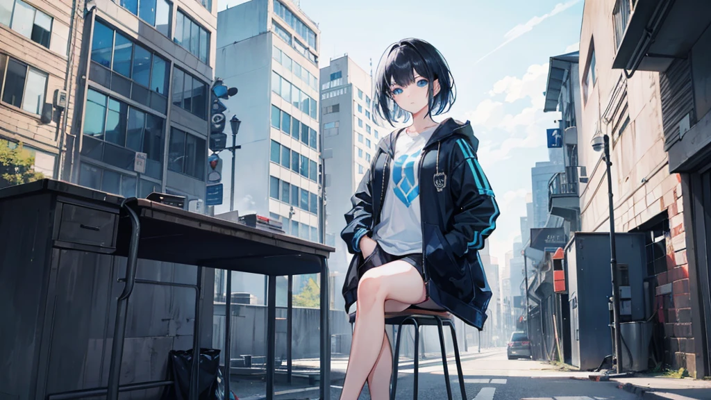 one girl, short mixed blue and black hair, light blue eyes, looking at the viewer, hands in her pockets, in an empty street, sitting on a desk, high resolution