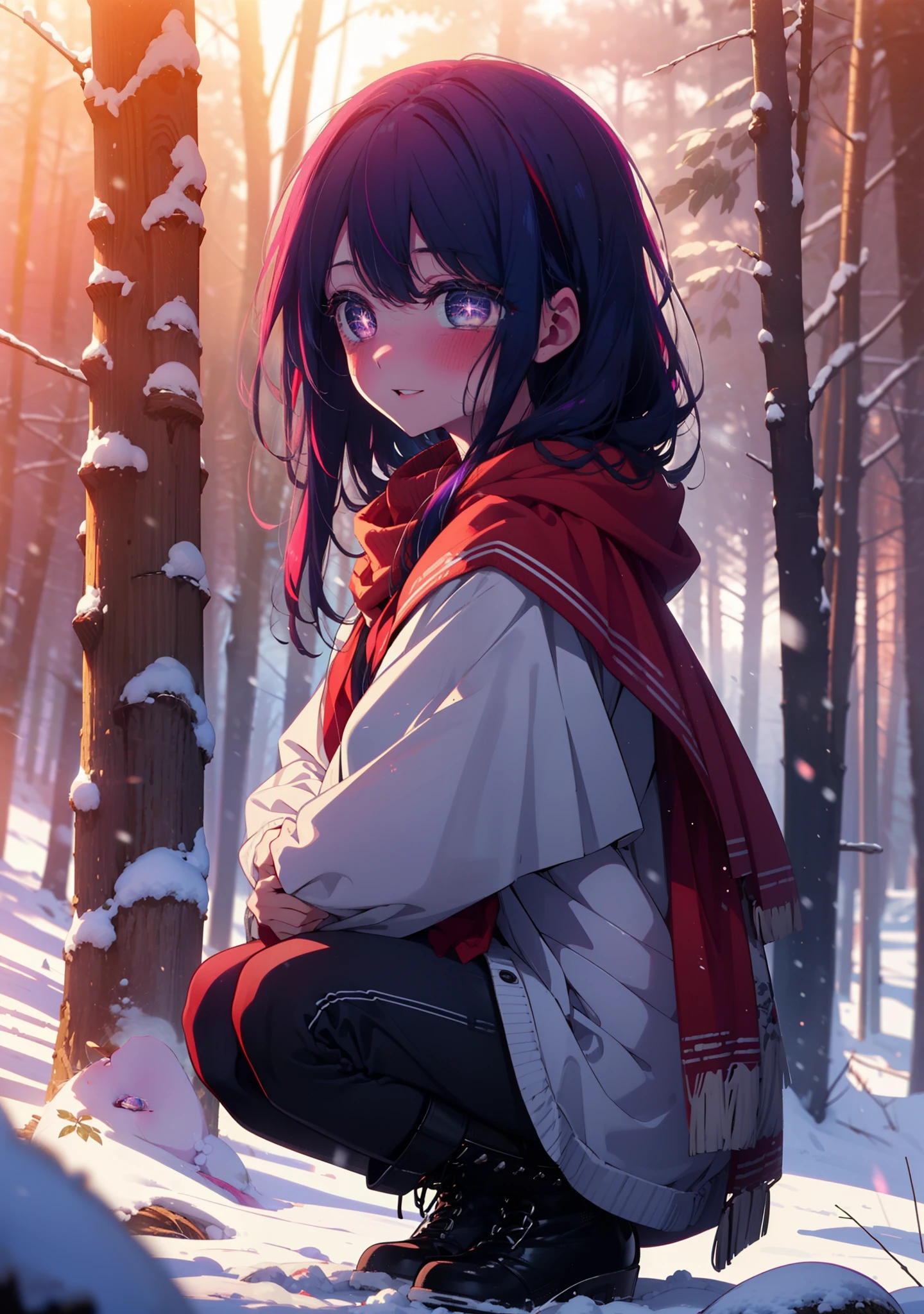 aihoshino, Ai Hoshino, Long Hair, bangs, (Purple eyes:1.1), Purple Hair, (Symbol-shaped pupil:1.5), smile,,smile,blush,white breath,
Open your mouth,snow,Ground bonfire, Outdoor, boots, snowing, From the side, wood, suitcase, Cape, Blurred, , forest, White handbag, nature, Squat, Mouth closed, Cape, winter, Written boundary depth, Black shoes, red Cape break looking at viewer, Upper Body, whole body, break Outdoor, forest, nature, break (masterpiece:1.2), Highest quality, High resolution, unity 8k wallpaper, (shape:0.8), (Beautiful and beautiful eyes:1.6), Highly detailed face, Perfect lighting, Extremely detailed CG, (Perfect hands, Perfect Anatomy),