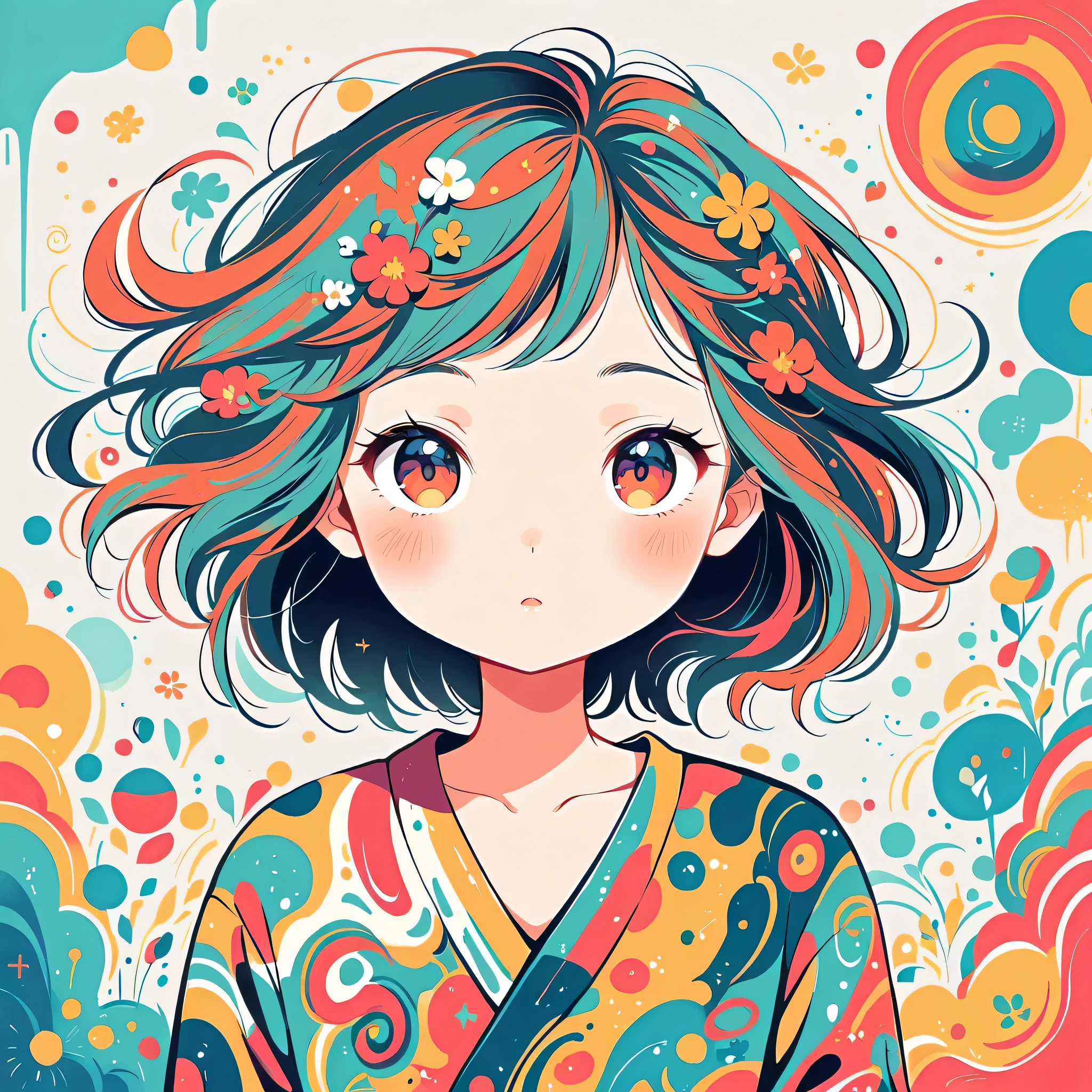 Watase Seizo style, Standing in front of a high wall,Simple Line Initialism,Abstract art,Urban Background, (((The most beautiful girl))), colorful flowers